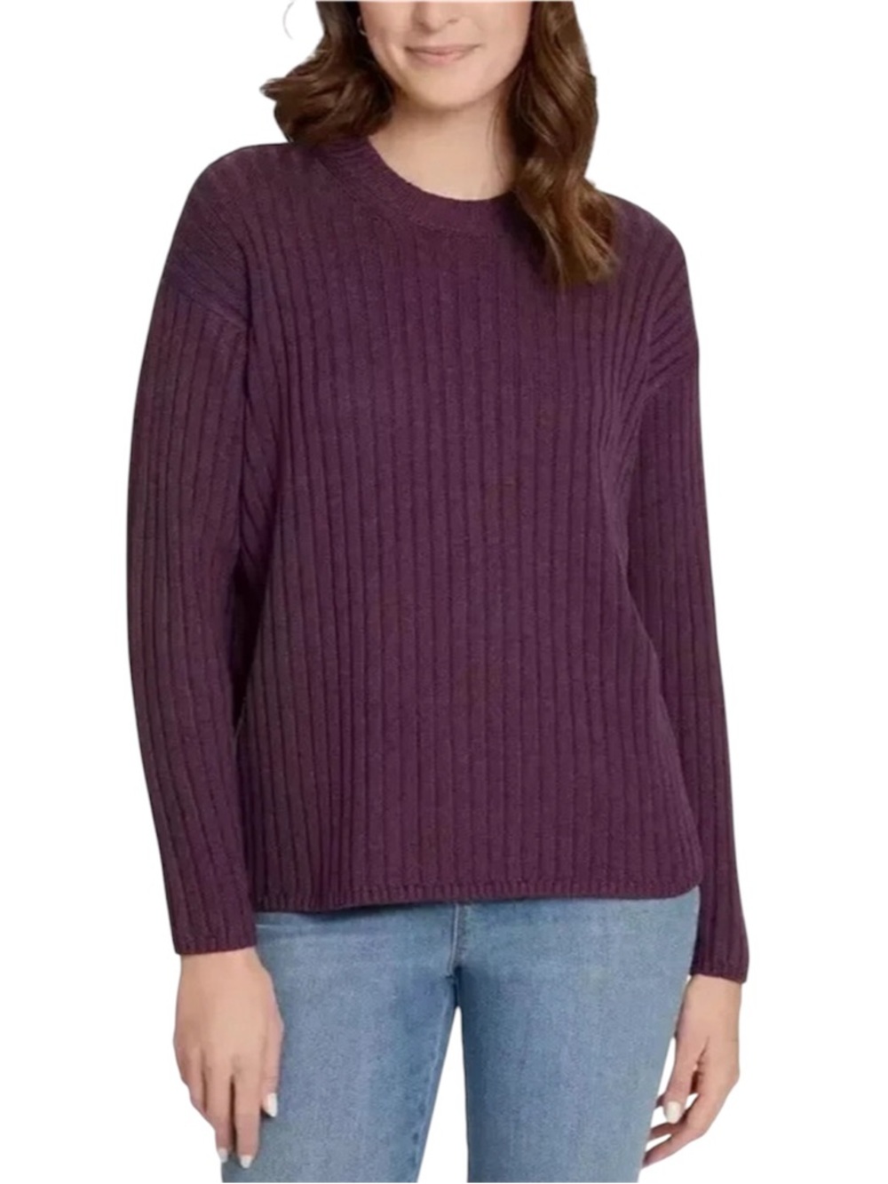Jessica Simpson Solid Purple Ribbed Knit Long Sleeve Pullover Crewneck Sweater